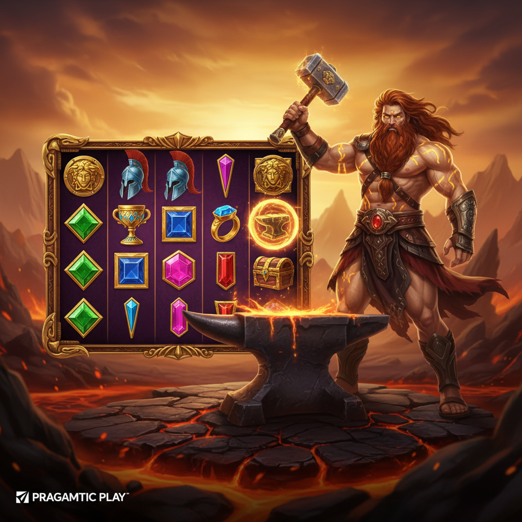 Forge of Olympus slot Pragmatic Play - Hefaistos zeul grecesc al forjei la nicovală cu ciocan, fundal vulcanic cu lavă, simboluri aurii și pietre prețioase