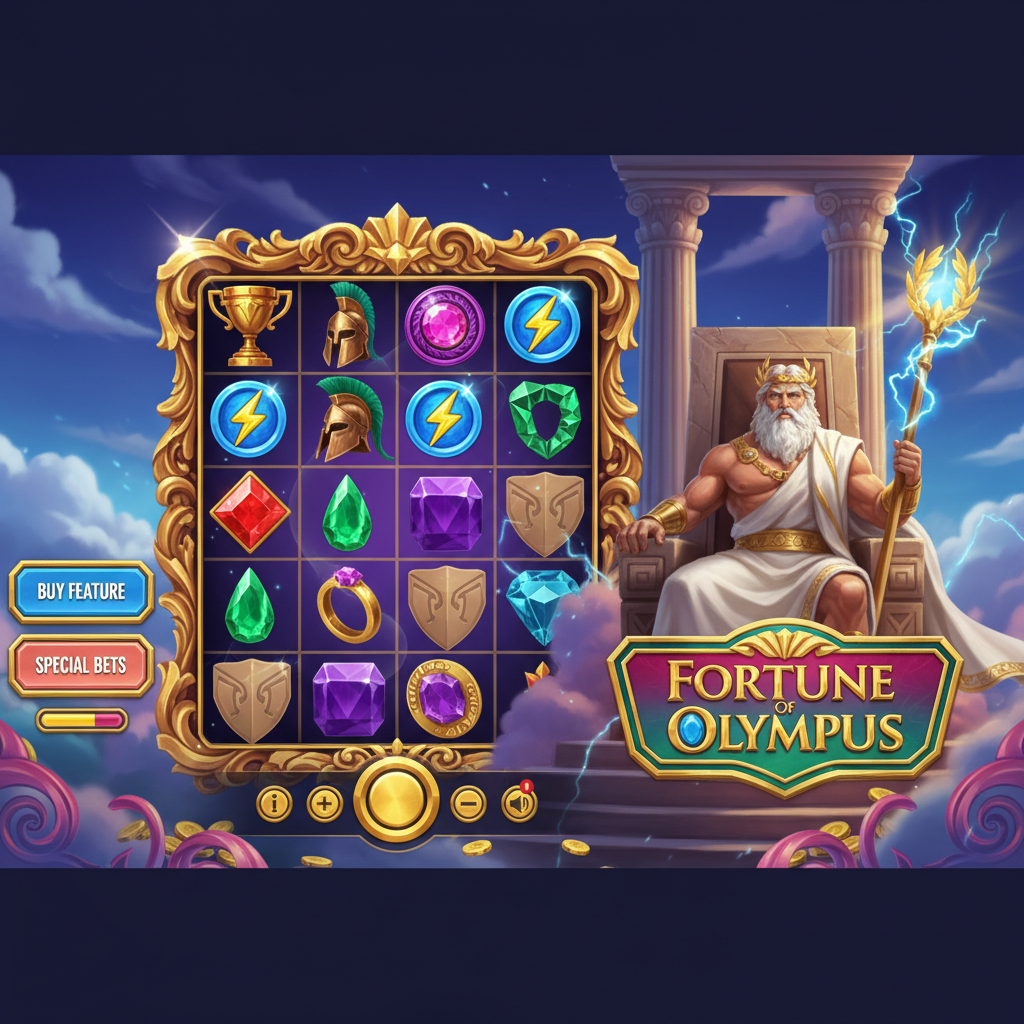 Fortune of Olympus slot machine cu Zeus pe tron, fulgere și simboluri mitologice grecești, grilă 7x7 cu multiplicatori și funcție tumble