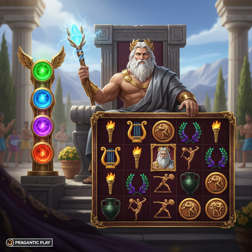 Games in Olympus slot Pragmatic Play - Zeus pe tron cu toiagul fulgerelor, simboluri olimpice, turnul multiplicatorilor cu orbe verzi albastre roșii și portretul Zeus ca scatter, grid 6x5 pe fundal de templu grecesc