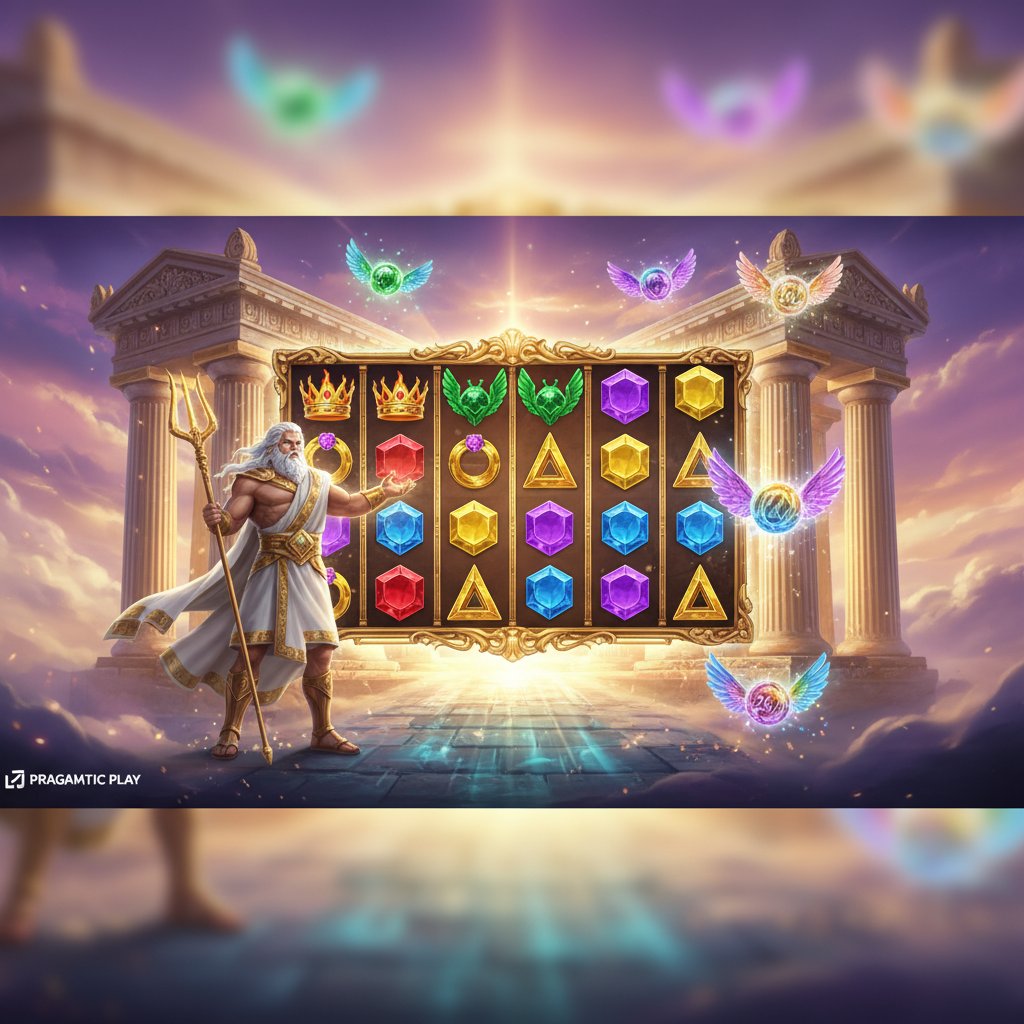 Gates of Olympus 1000 slot Pragmatic Play: Zeus în fața templului grecesc cu coroana de aur, simboluri de pietre prețioase colorate, fundal ceresc mov și auriu, multiplicatori cu aripi