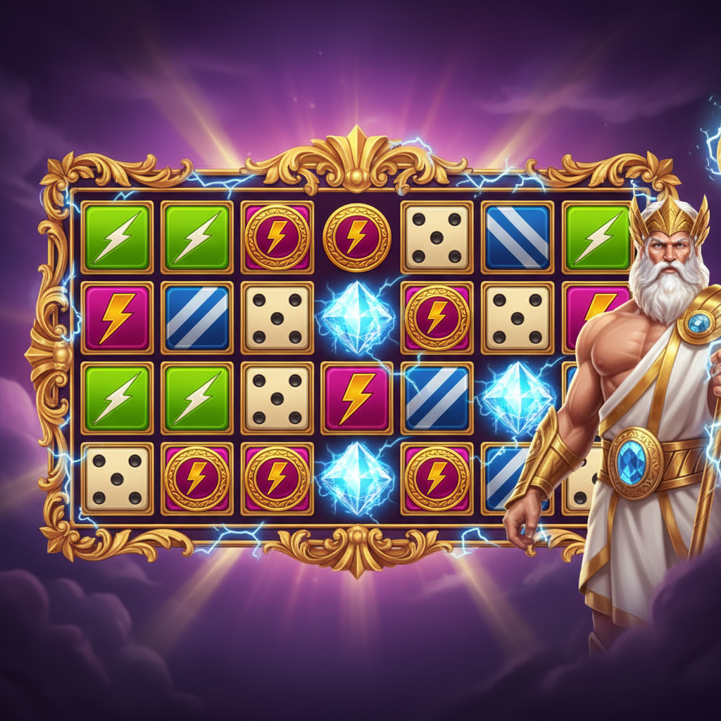 Gates of Olympus Dice slot - Zeus zeu grec cu fulger, temple antice, zaruri aurii cu simboluri multiplier, cadre ornamentale și efecte de energie electrică albastră