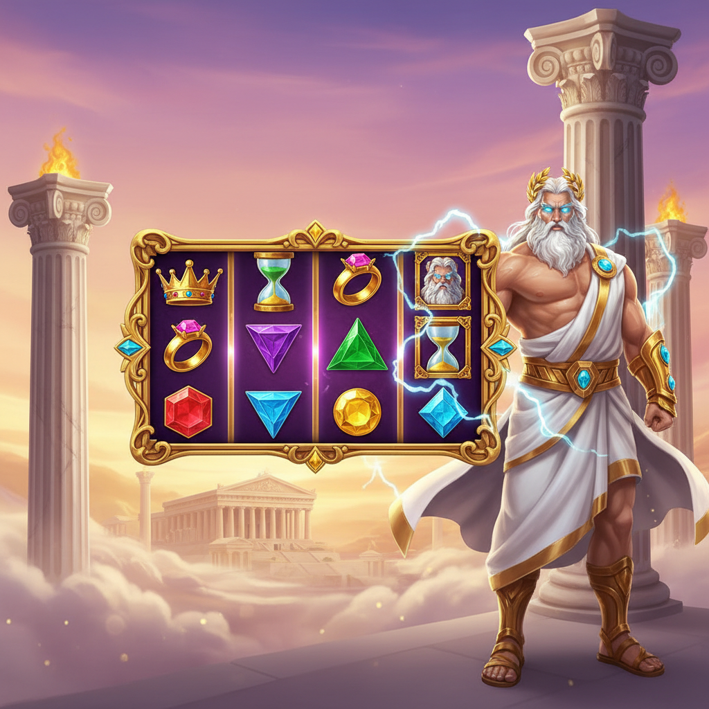 Gates of Olympus Pachi slot - Zeus cu ochi albaștri strălucitori, coroană de laur aurie, templu grecesc cu coloane de marmură, fulgere și scattered symbols pe grilă 3x3