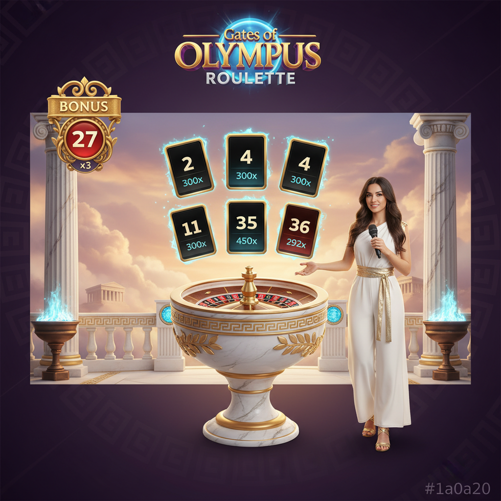 Gates of Olympus Roulette - roata de ruletă europeană live cu Zeus pe fundal de templu grecesc pe Muntele Olimp, prezentator în costum grecesc, numere bonus și multiplicatori aurii