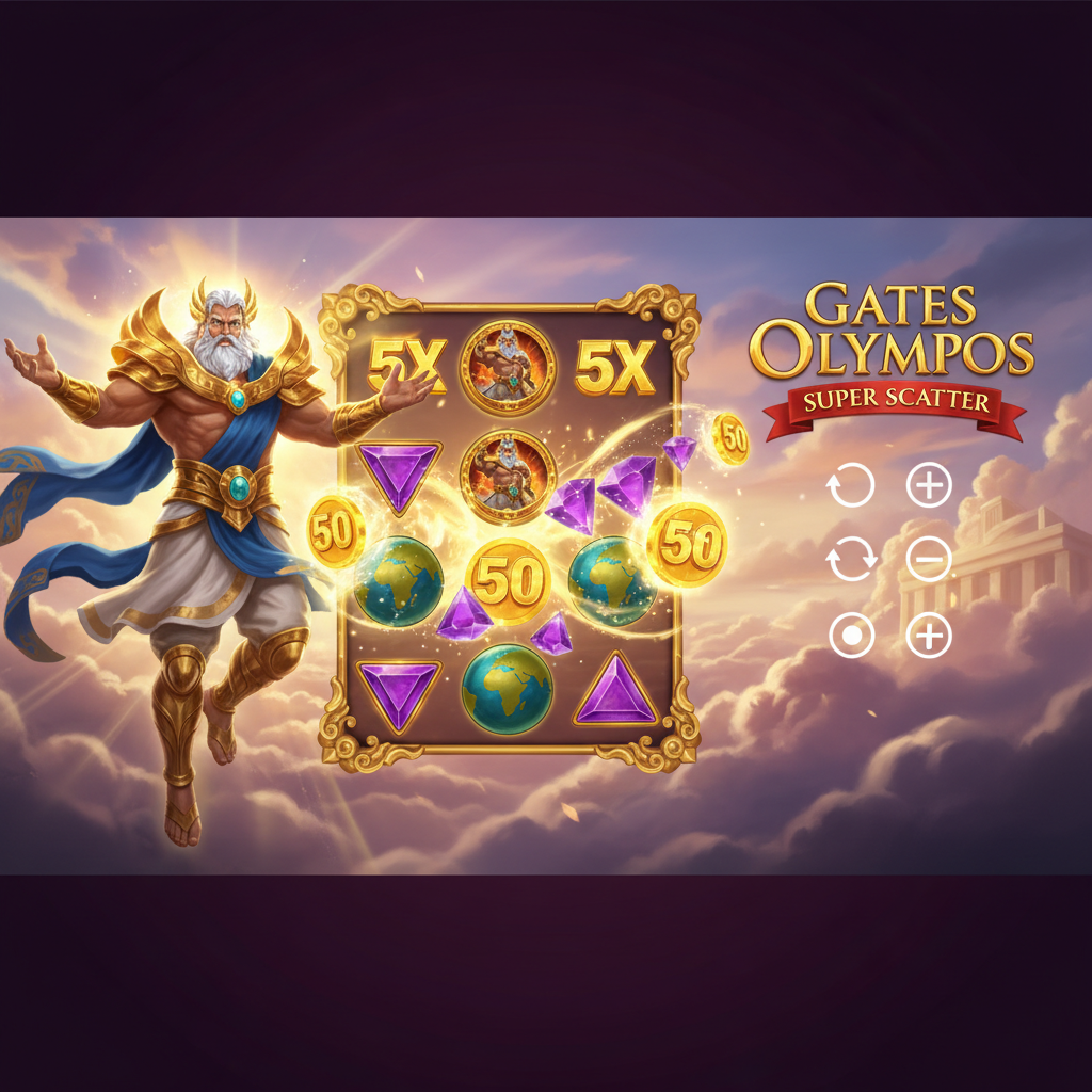 Gates of Olympus SUPER SCATTER slot cu Zeus în armură de aur, simboluri scatter strălucitoare, monede multiplicatoare cu 5X și 50X, cristale purple și globuri verzi pe fundal ceresc divin cu nori roz și aurii