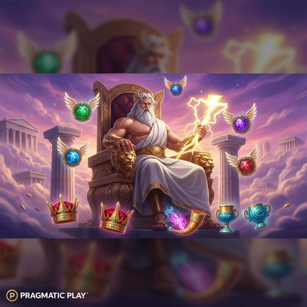 Gates of Olympus slot - Zeus cu fulger pe tron aurit, coloane grecești, nori purpurii și simboluri de multiplicatori plutitoare în stilul jocului Pragmatic Play
