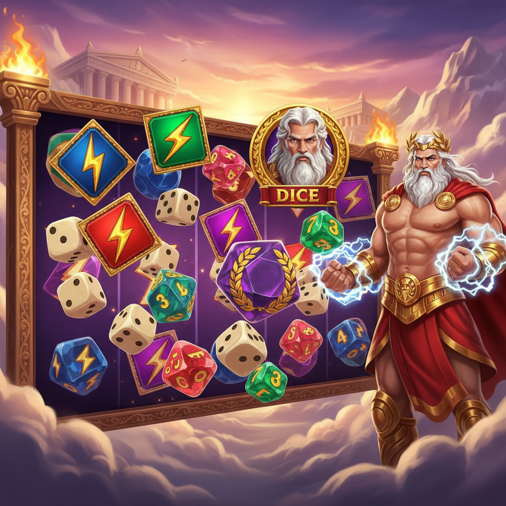 Gates of Olympus 1000 Dice - Zeus cu coroana de aur, zaruri poliedrice cu multiplicatori, fulgere divine și temple grecești pe fondul cerului violet al Olimpului