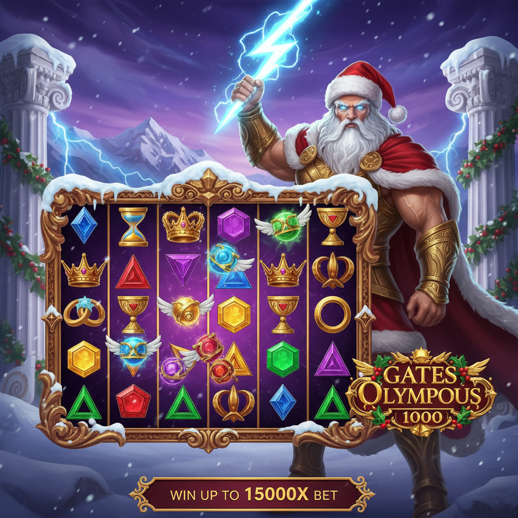 Gates of Olympus X-Mas 1000 slot - Zeus în costum de Moș Crăciun cu fulger în mână pe fundalul templului olimpian acoperit de zăpadă, simboluri premium cu coroană aurie, clopote de Crăciun și ornamente festive