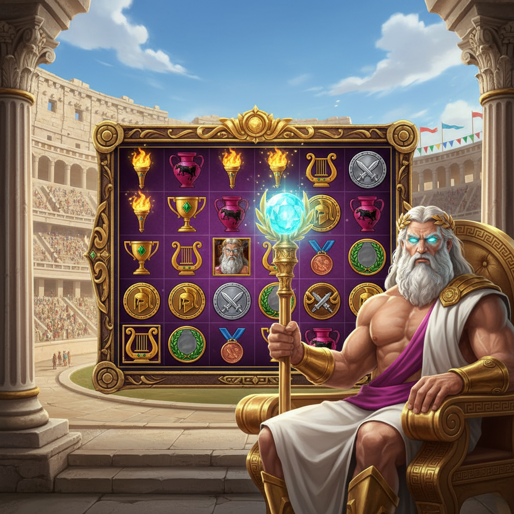 Games in Olympus 1000 slot game cu Zeus pe tronul de aur supraveghindu-l arena coloseum grecesc antic cu grilă violet și simboluri torță olimpică