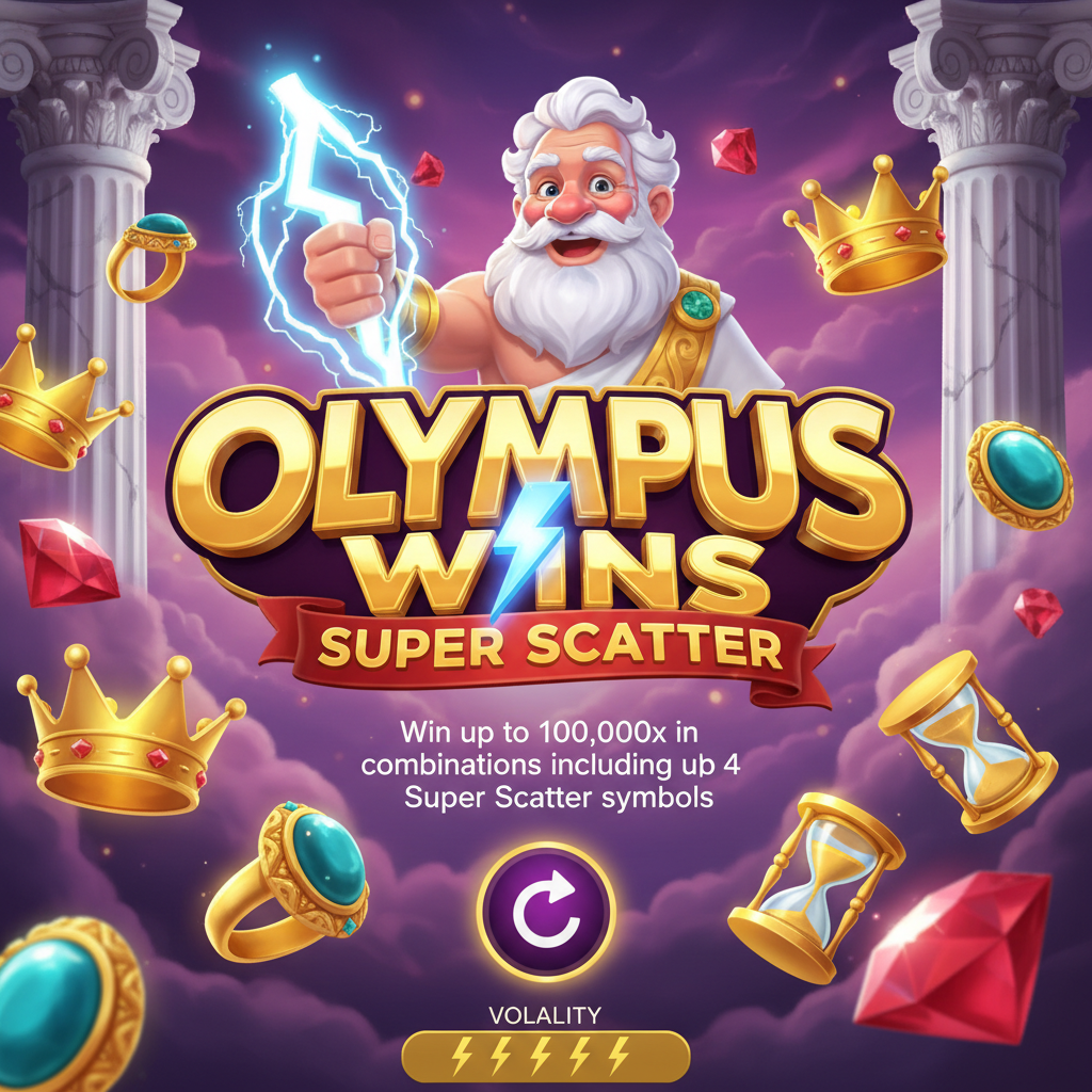 Olympus Wins Super Scatter slot game featuring Zeus holding lightning bolt surrounded by golden crown symbols, marble columns, purple cloudy sky and Super Scatter emblems with 100,000x max win potential