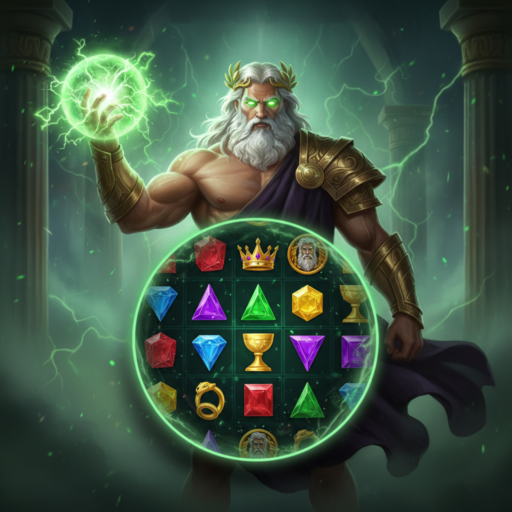 888 of Olympus slot de la Pragmatic Play - Zeus cu fulger verde electric, coroană de aur, armură divină, simboluri gem colorate și multiplicatori pe fundalul templului grecesc Olympus